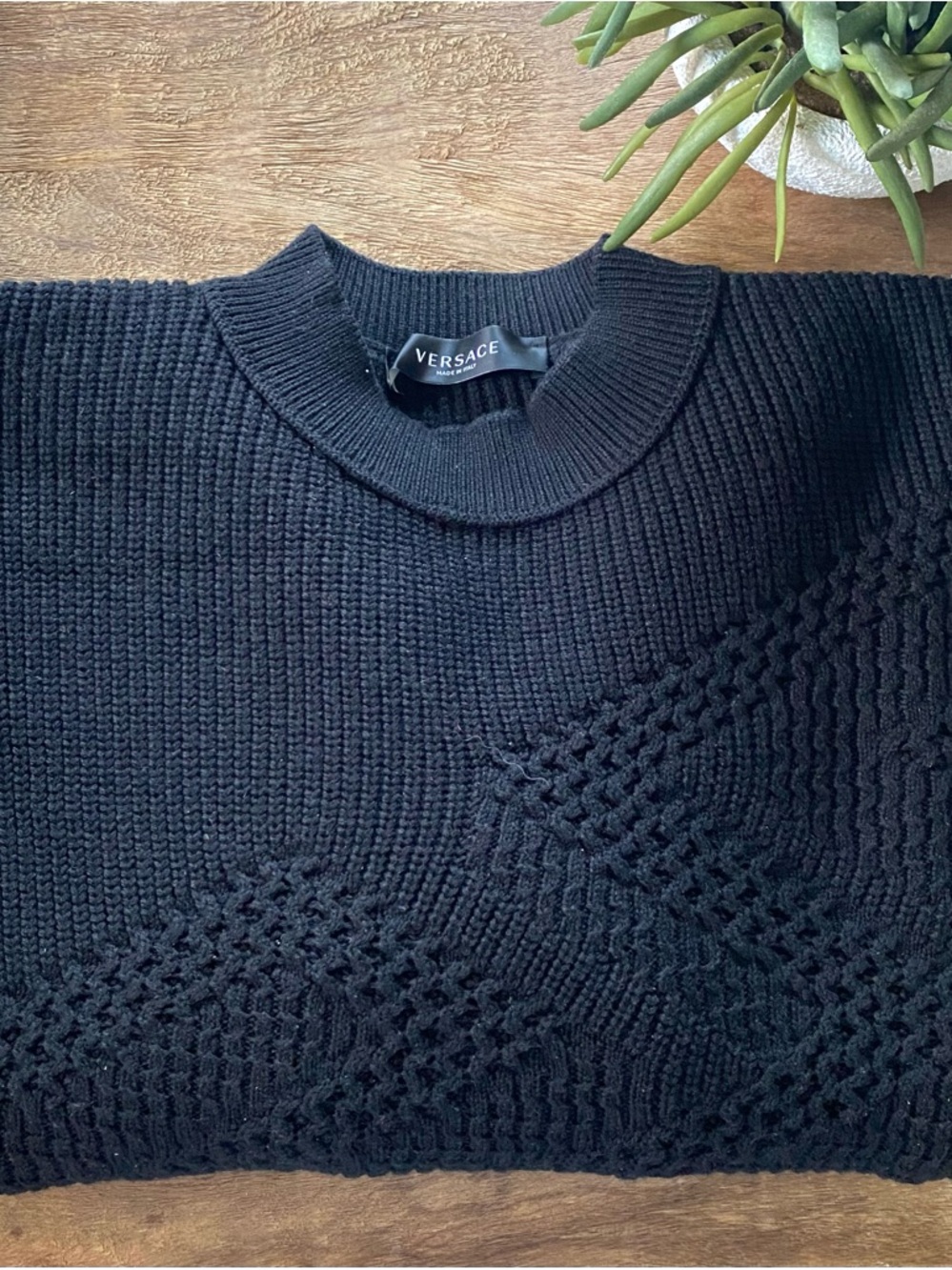 VERSACE - Men’s Black Textured Knit Crewneck Sweater